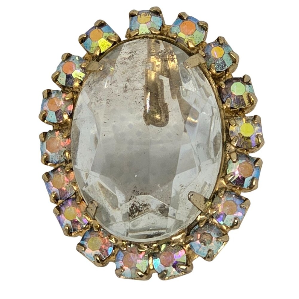 Vintage Gold Tone Clear Oval Rhinestone Brooch Aurora Borealis Halo Pin